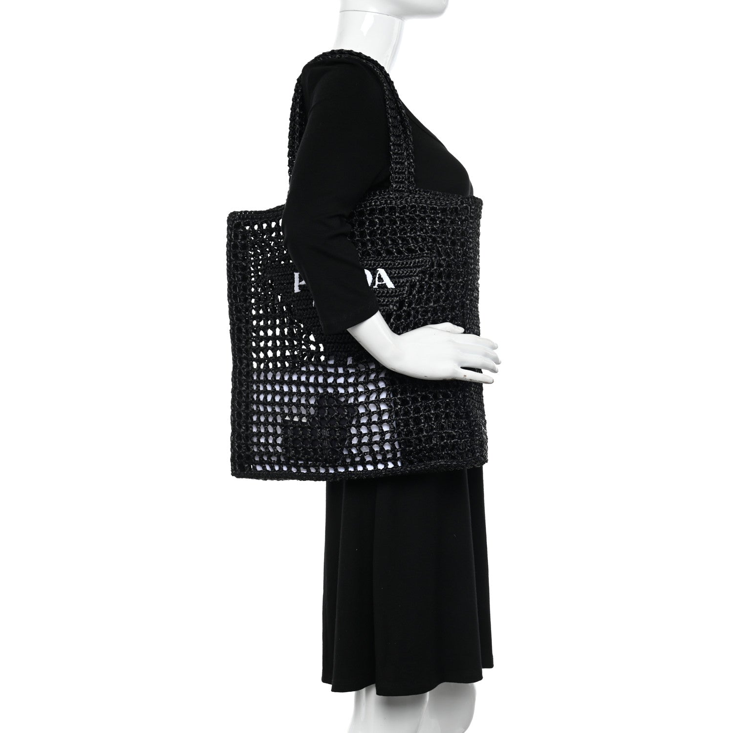 Prada Yarn Raffia Effect Crochet Logo Embroidered Tote Bag Black 2 of 9