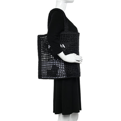 Prada Yarn Raffia Effect Crochet Logo Embroidered Tote Bag Black 2 of 9