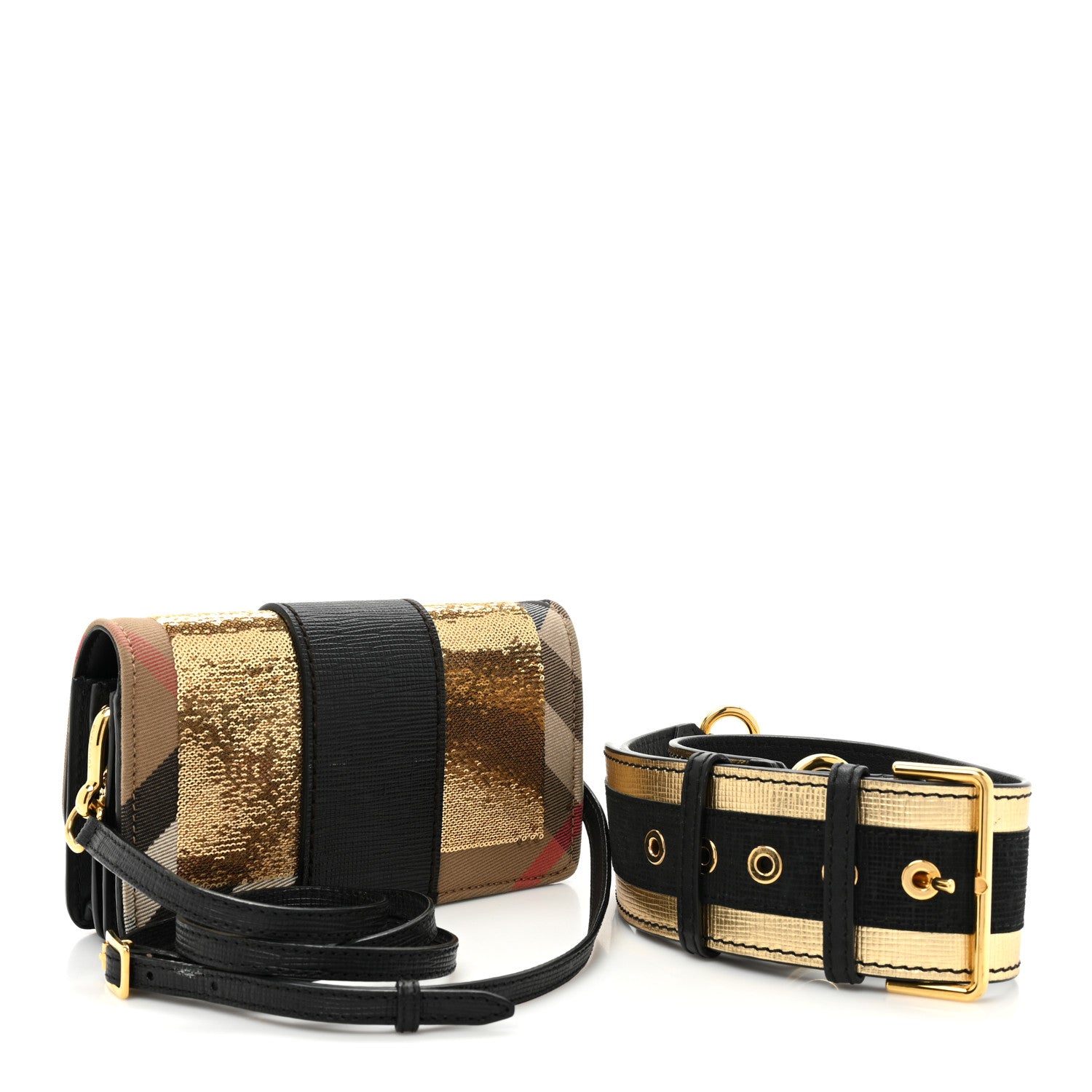 Burberry Metallic Calfskin House Check Sequin Small Madison Buckle Bag Gold 3 of 13