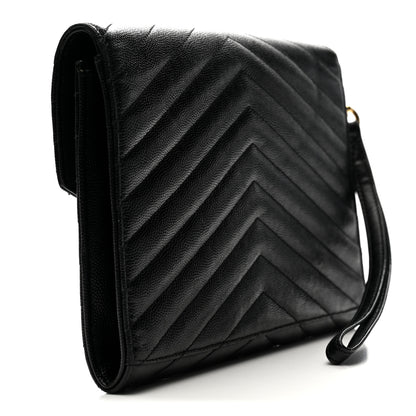 Saint Laurent Grain De Poudre Matelasse Chevron Monogram Envelope Clutch Black 3 of 11
