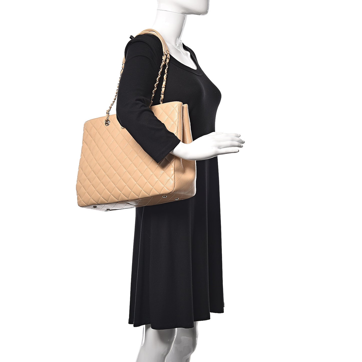 Caviar Quilted Large Classic Shopping Tote Light Beige