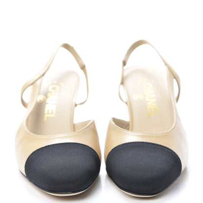 Chanel Goatskin Grosgrain Cap Toe CC Slingback Pumps 36 Beige Black 2 of 9