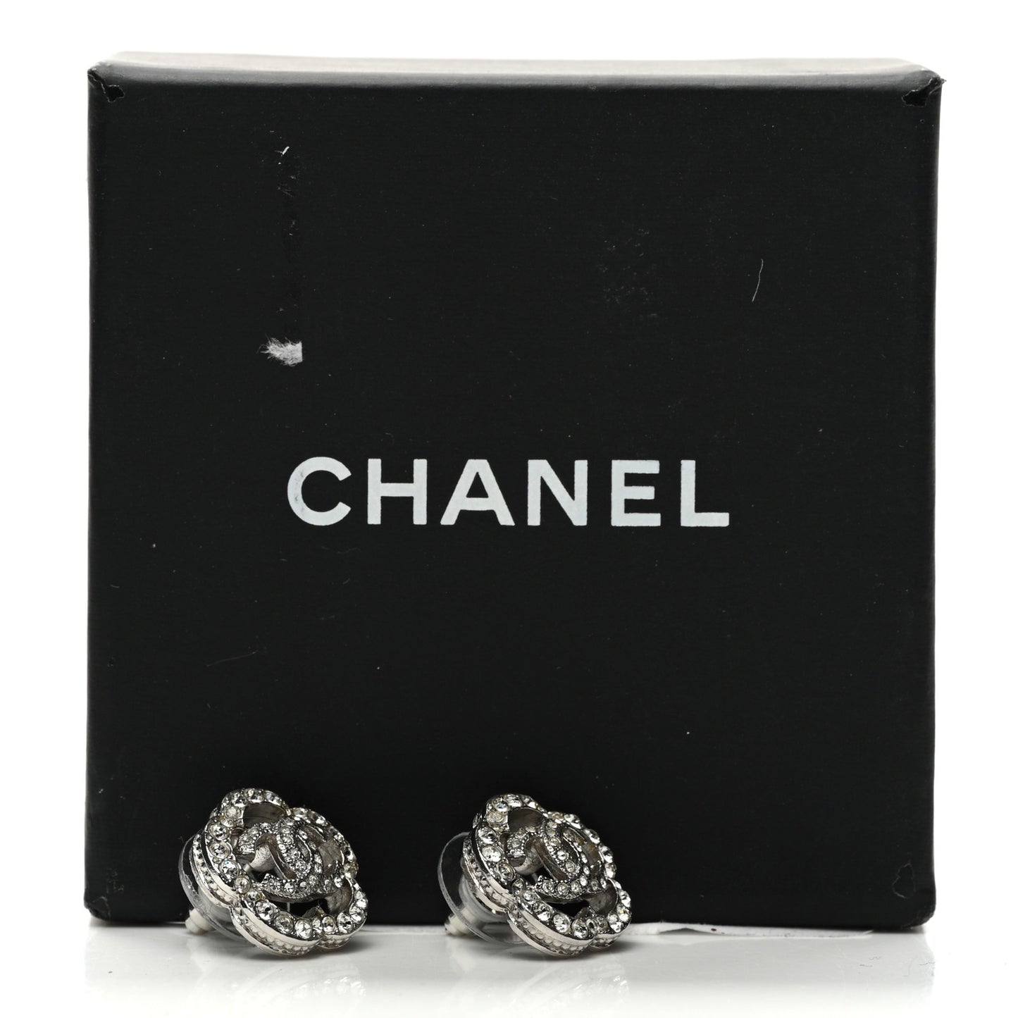 Crystal Coco Flapper Camellia CC Stud Earrings Silver