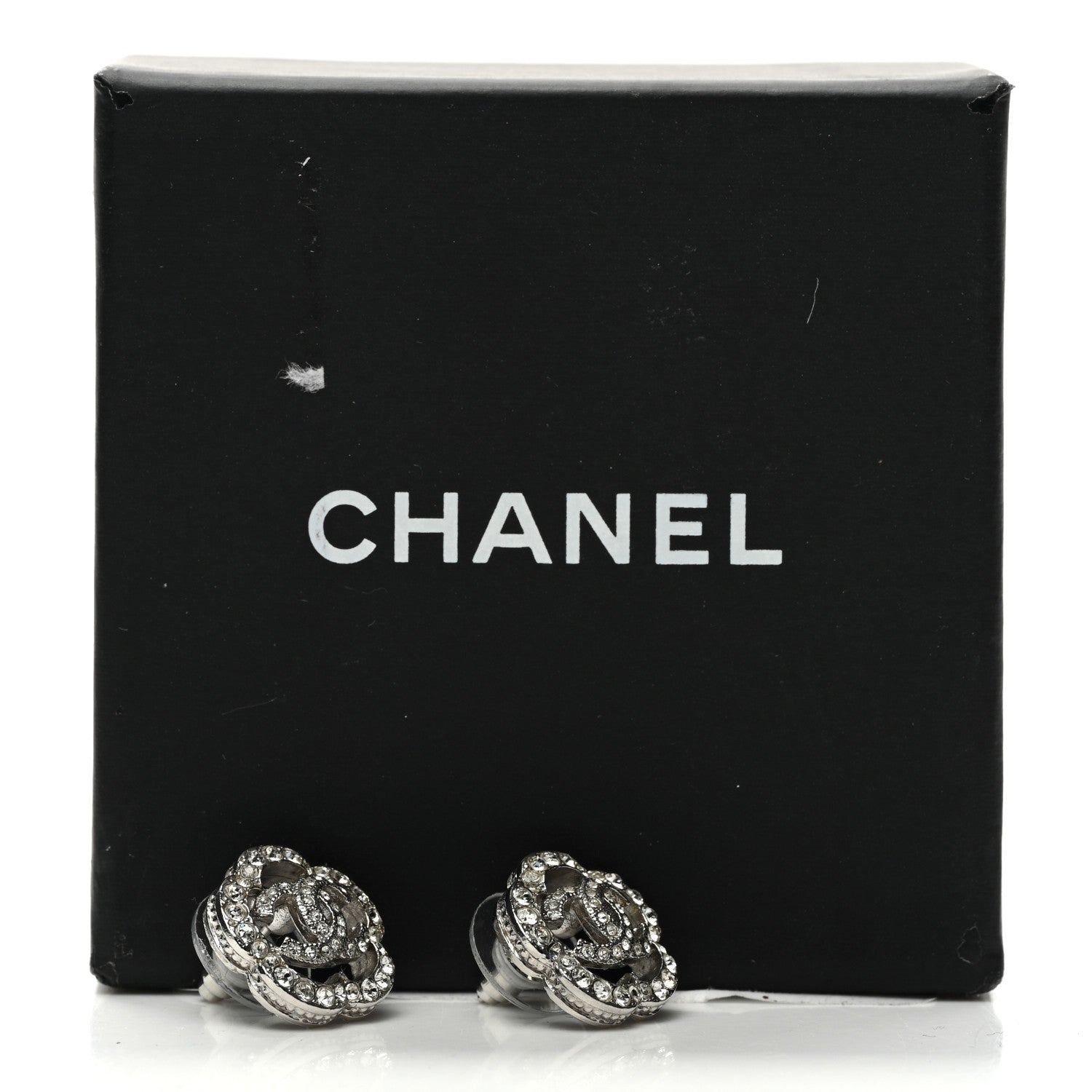 Chanel Crystal Coco Flapper Camellia CC Stud Earrings Silver 5 of 5