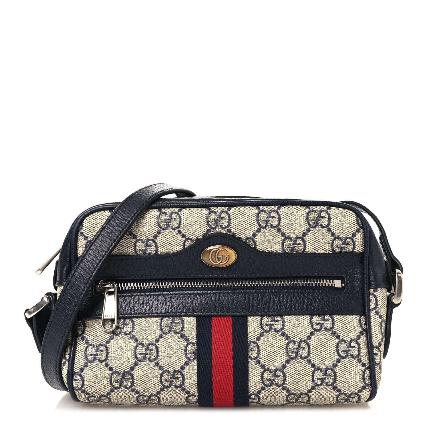 Gucci GG Supreme Monogram Textured Dollar Calfskin Web Mini Ophidia Shoulder Bag Beige Blue 1 of 11