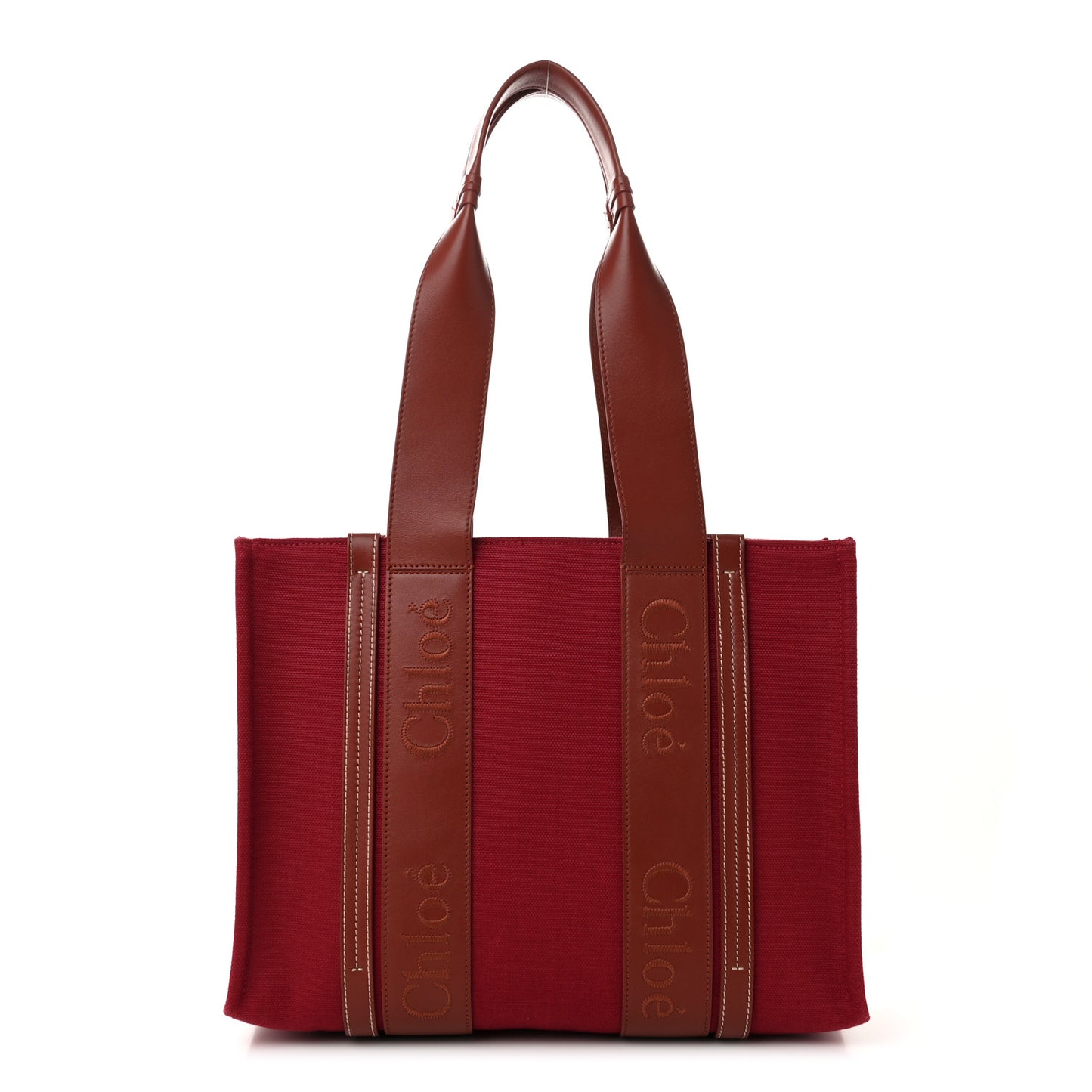 Canvas Calfskin Medium Woody Ribbon Tote Dark Red