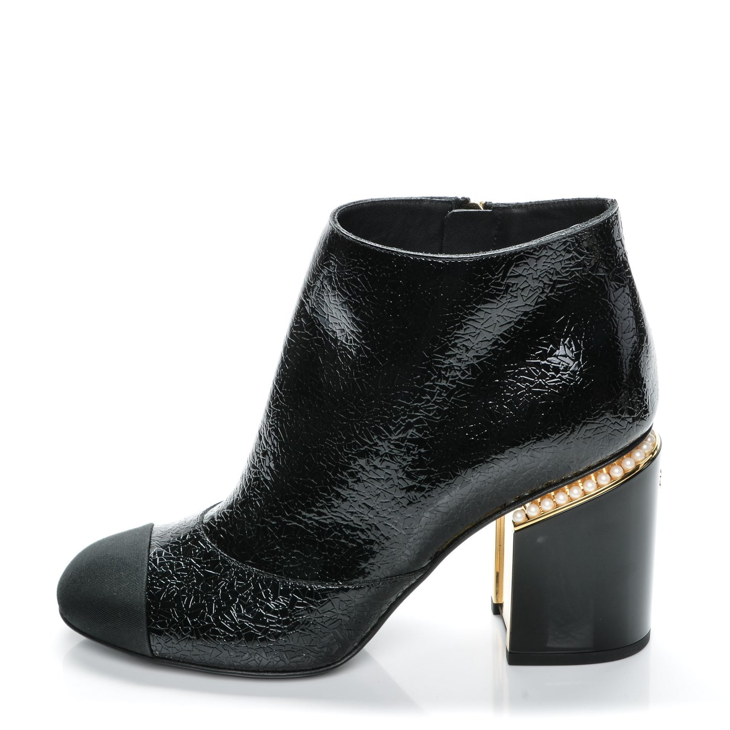 Crinkled Calfskin Grosgrain Pearl CC Cap Toe Ankle Booties 38.5 Black