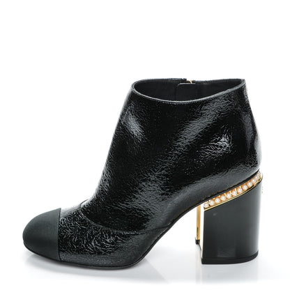 Chanel Crinkled Calfskin Grosgrain Pearl CC Cap Toe Ankle Booties 38.5 Black 1 of 7