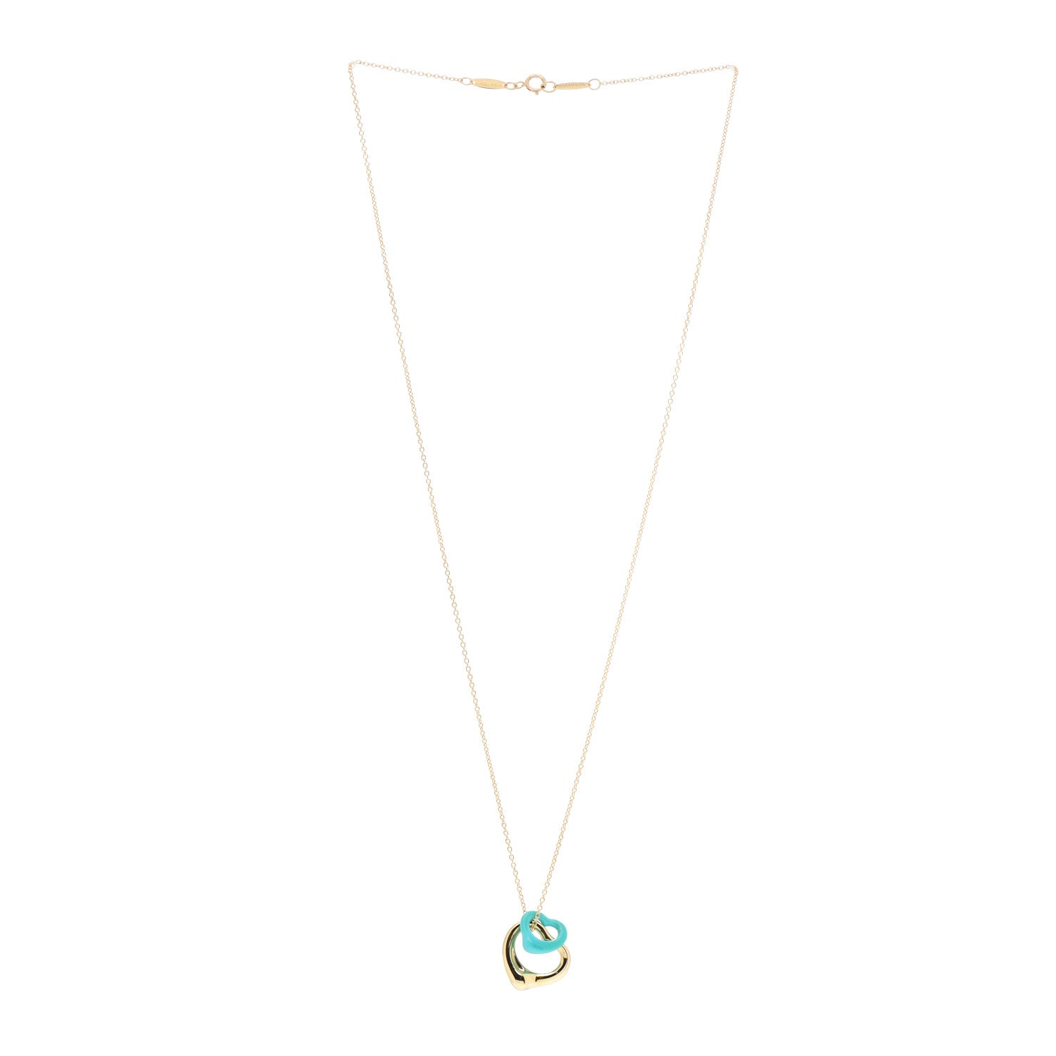 Tiffany 18K Yellow Gold Turquoise Elsa Peretti Double Open Heart Pendant Necklace 3 of 5