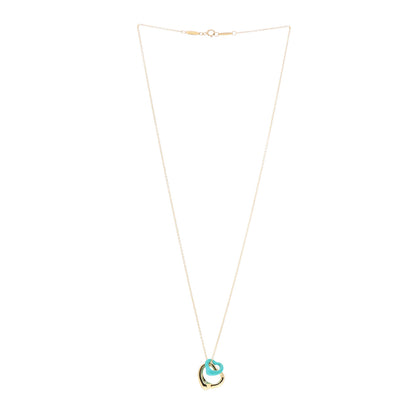 Tiffany 18K Yellow Gold Turquoise Elsa Peretti Double Open Heart Pendant Necklace 3 of 5