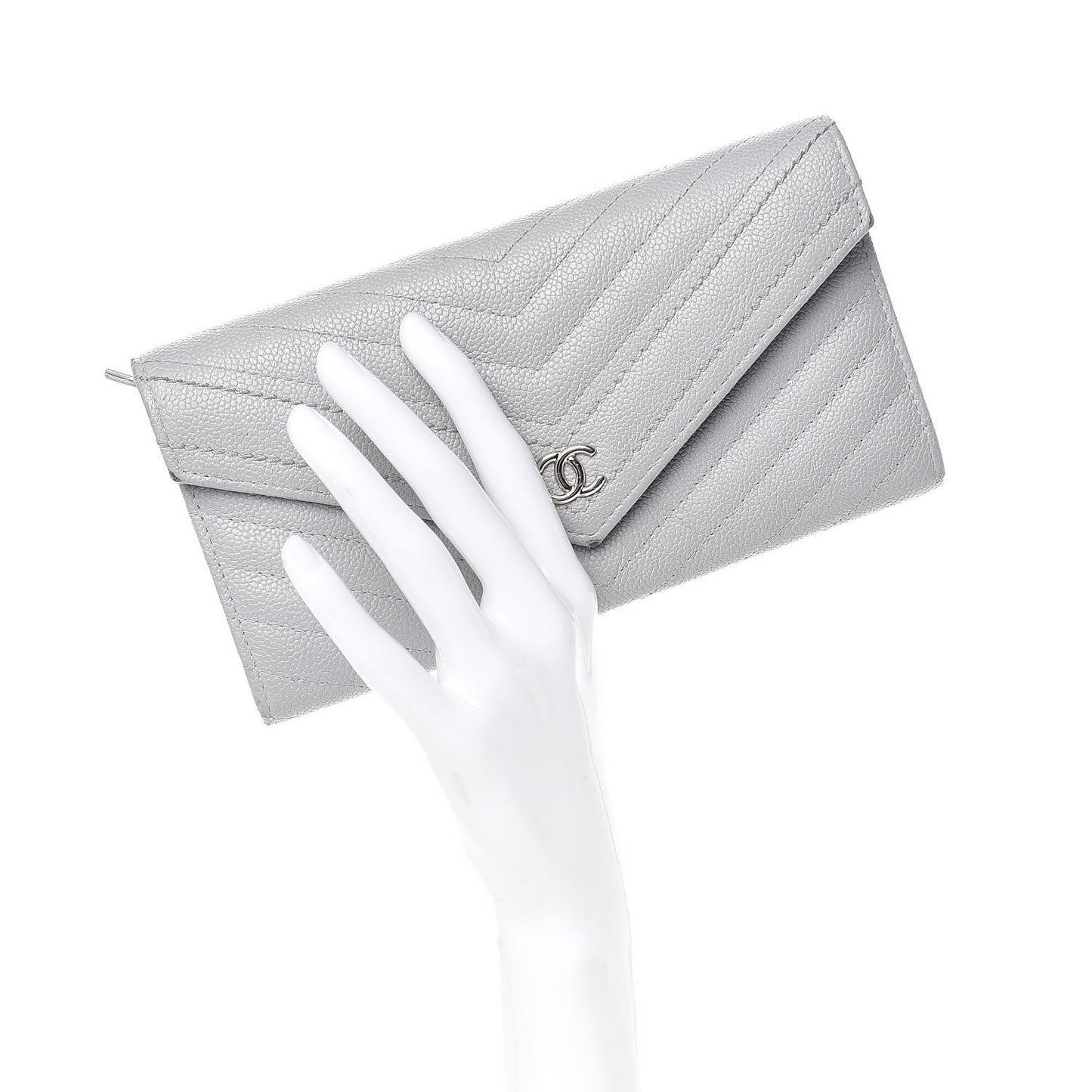 Caviar Chevron Quilted Large Gusset Flap Wallet Grey