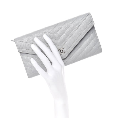 Chanel Caviar Chevron Quilted Large Gusset Flap Wallet Grey 3 of 17