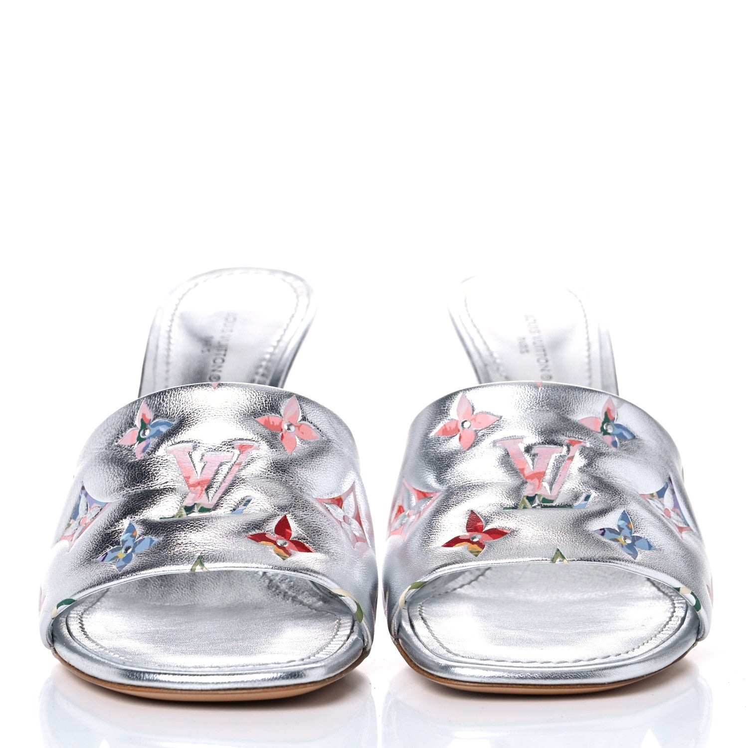 Louis Vuitton Metallic Lambskin Embossed Monogram LV Garden Revival High Heel Mules 37 Silver 2 of 13