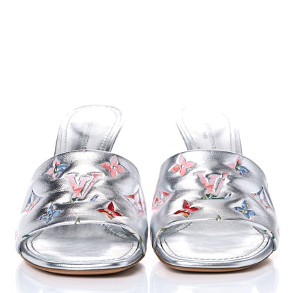 Louis Vuitton Metallic Lambskin Embossed Monogram LV Garden Revival High Heel Mules 37 Silver 2 of 13