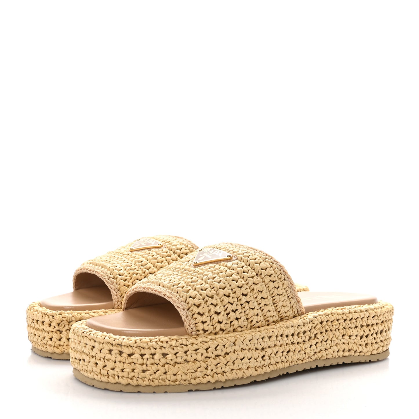 Raffia Metal Triangle Logo Woven Flatform 35mm Slide Sandals 40 Naturale
