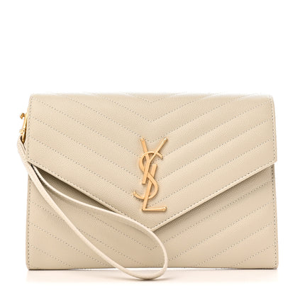 Saint Laurent Grain De Poudre Matelasse Chevron Monogram Envelope Clutch Crema Soft 1 of 10