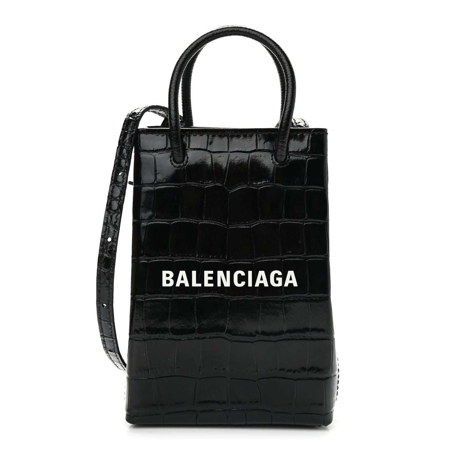 Calfskin Crocodile Embossed Logo Shopping Phone Holder Bag Black