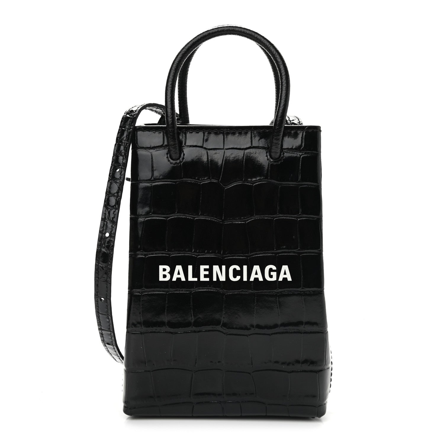 Balenciaga Calfskin Crocodile Embossed Logo Shopping Phone Holder Bag Black 1 of 8