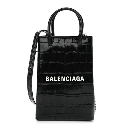 Balenciaga Calfskin Crocodile Embossed Logo Shopping Phone Holder Bag Black 1 of 8
