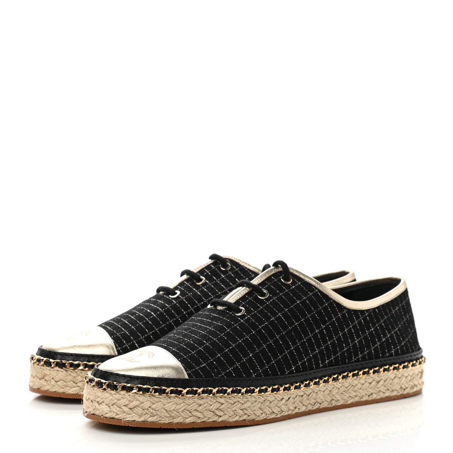 Tweed Lambskin Chain Lace Up Espadrille Sneakers 39 Black Gold