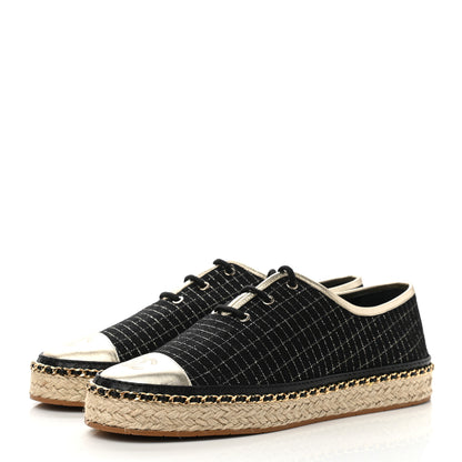 Chanel Tweed Lambskin Chain Lace Up Espadrille Sneakers 39 Black Gold 3 of 9