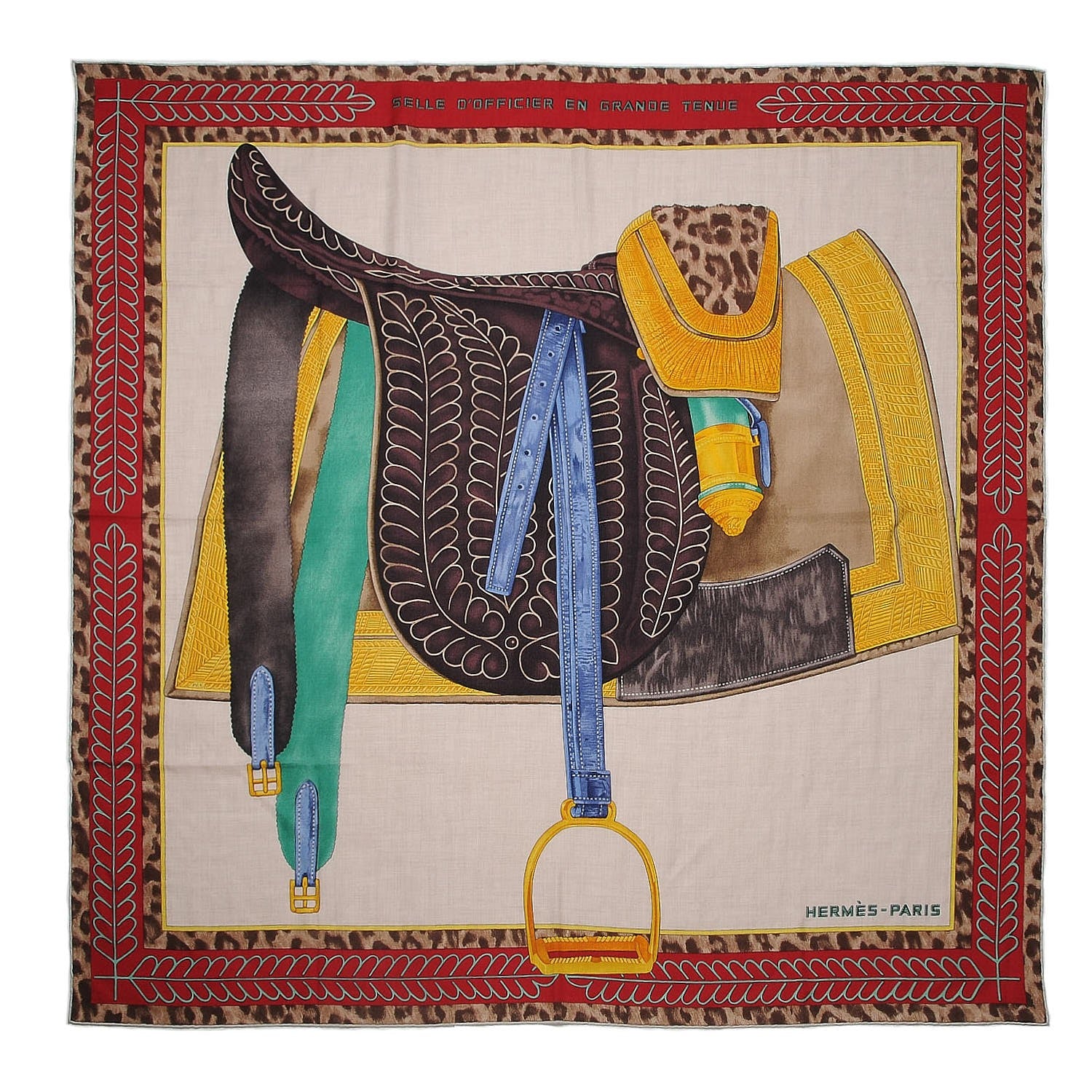 Hermes Cashmere Silk Selle d'Officier En Grande Tenue Shawl 140 Naturel Marron Rouge 1 of 5