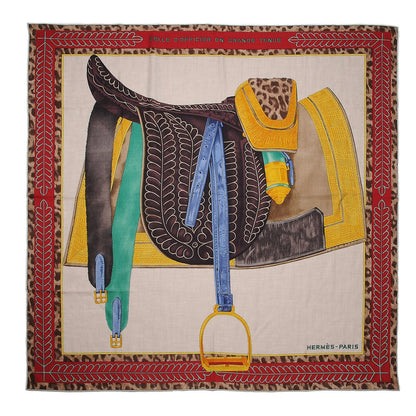 Hermes Cashmere Silk Selle d'Officier En Grande Tenue Shawl 140 Naturel Marron Rouge 1 of 5