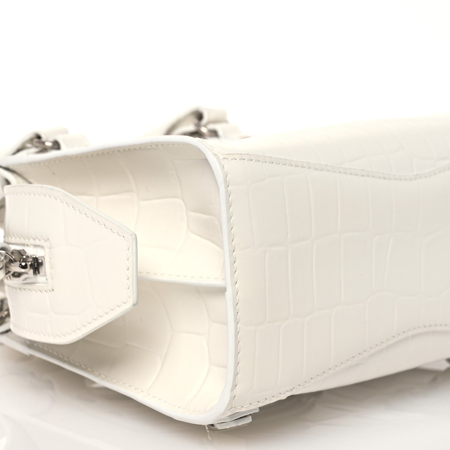 Semi Shiny Calfskin Crocodile Embossed Neo Classic Silver Hardware Mini City White