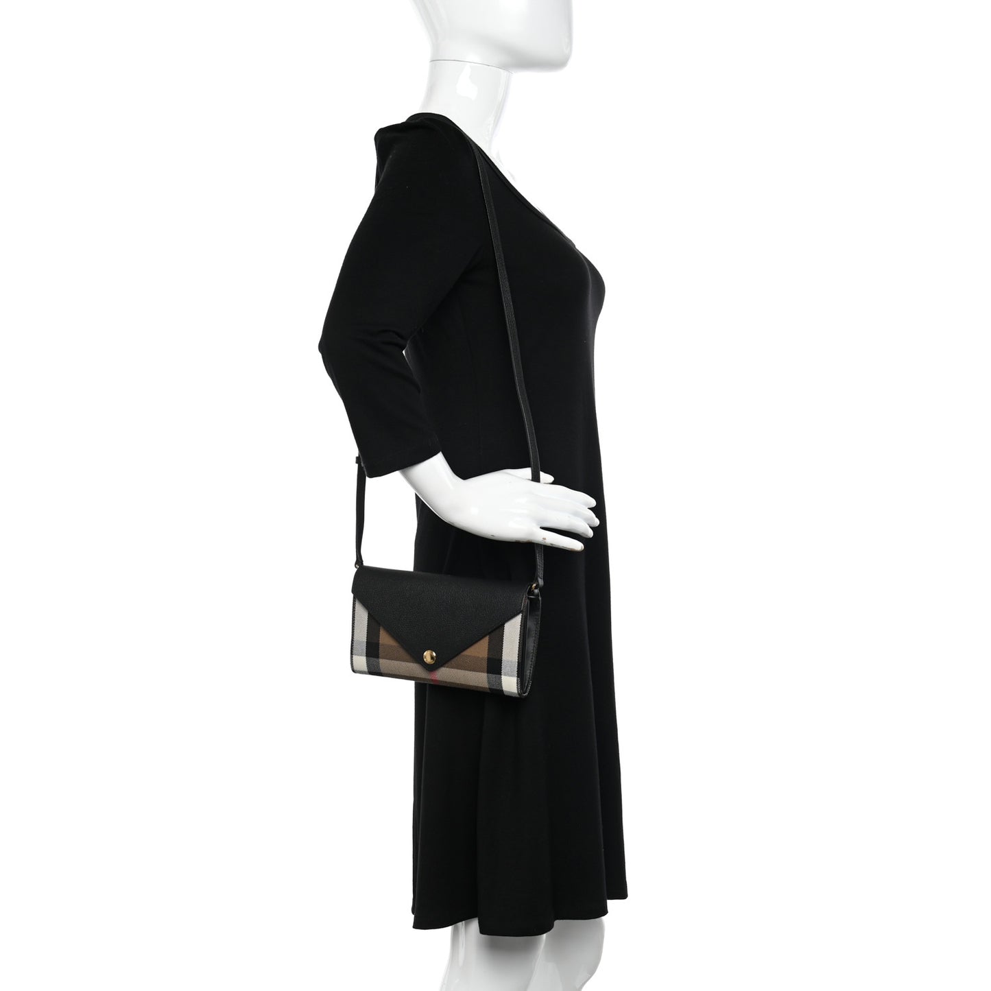 Calfskin House Check Hannah Wallet with Detachable Strap Black