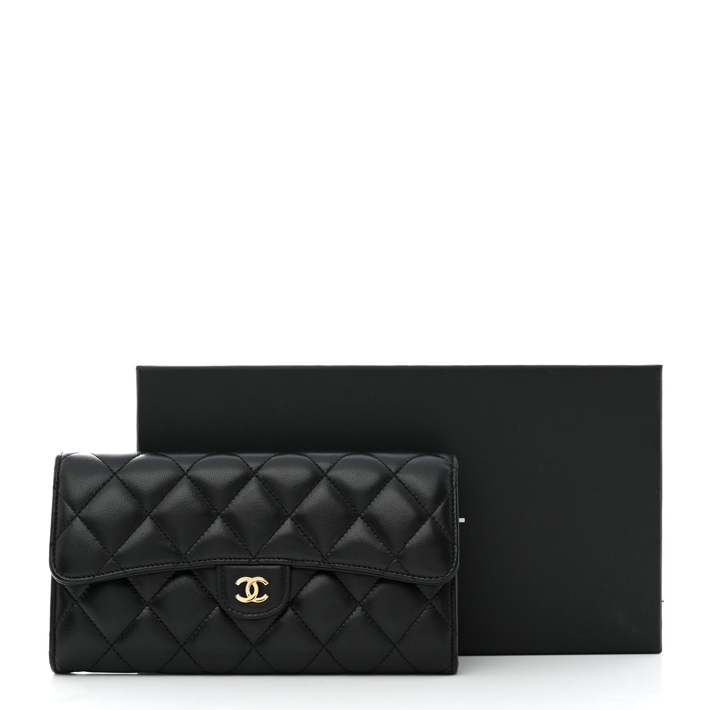 Lambskin Quilted Large Gusset Flap Wallet Black