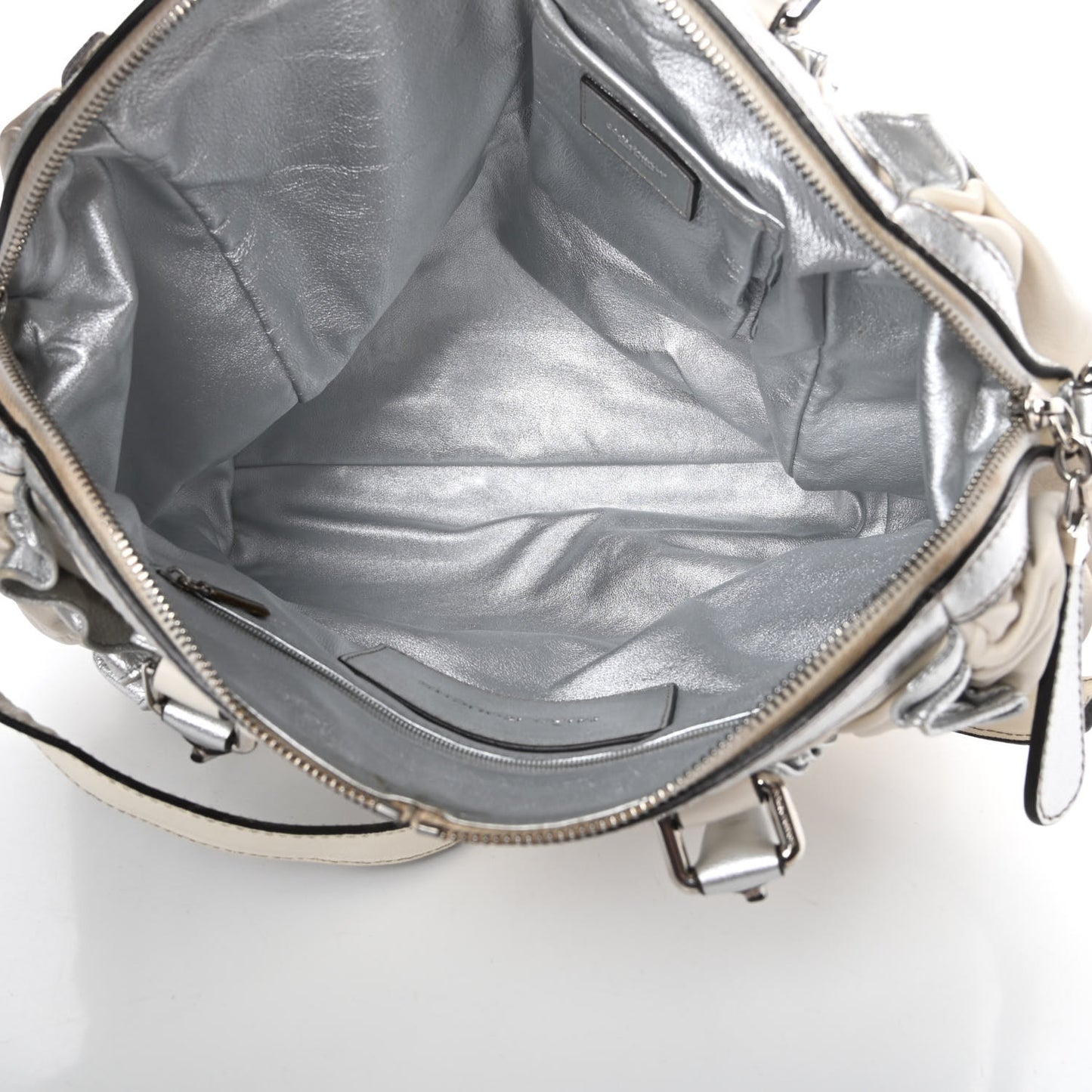 Distressed Calfskin Ruffled Miss Rouche Satchel White Silver