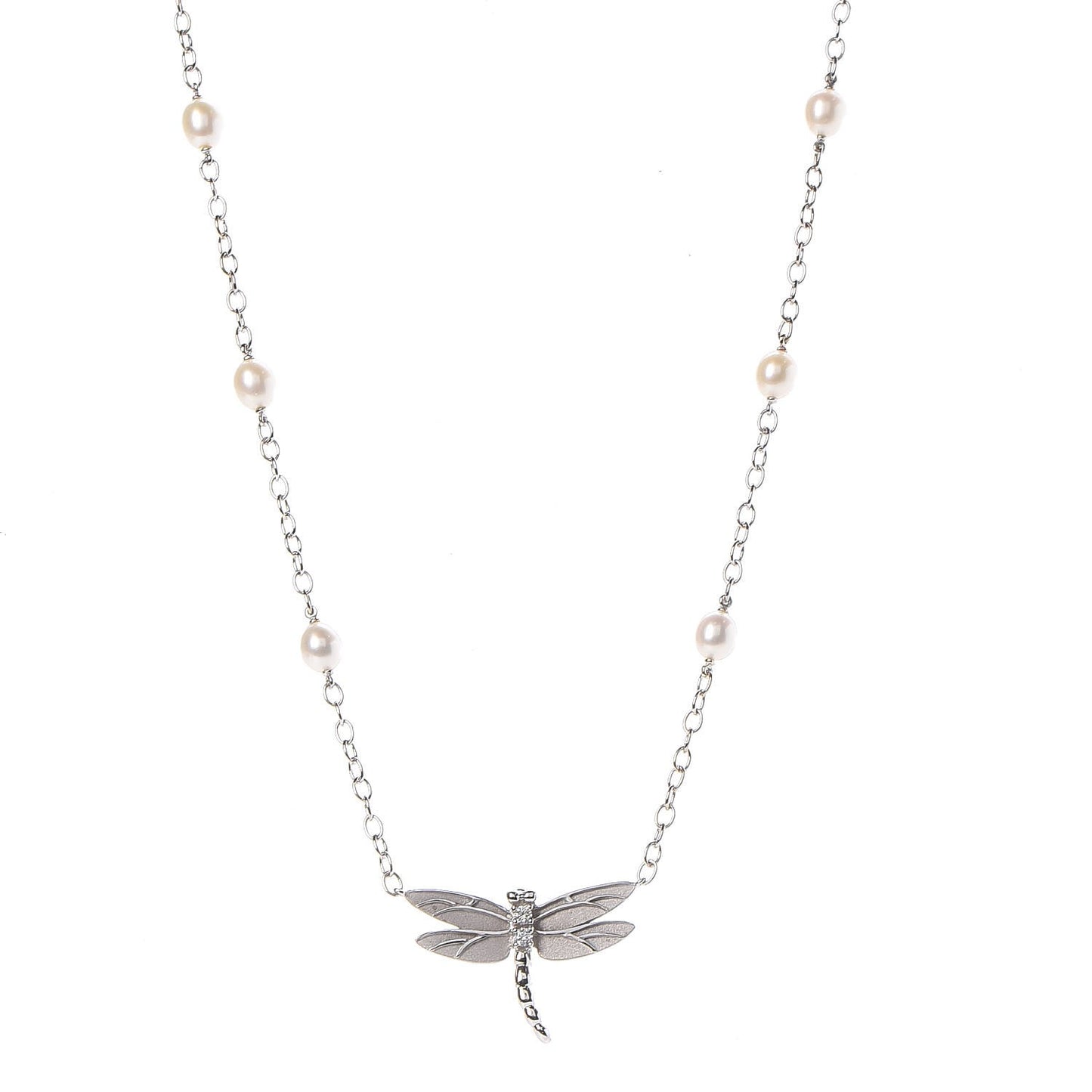 18K White Gold Diamond Pearl Dragonfly Station Necklace
