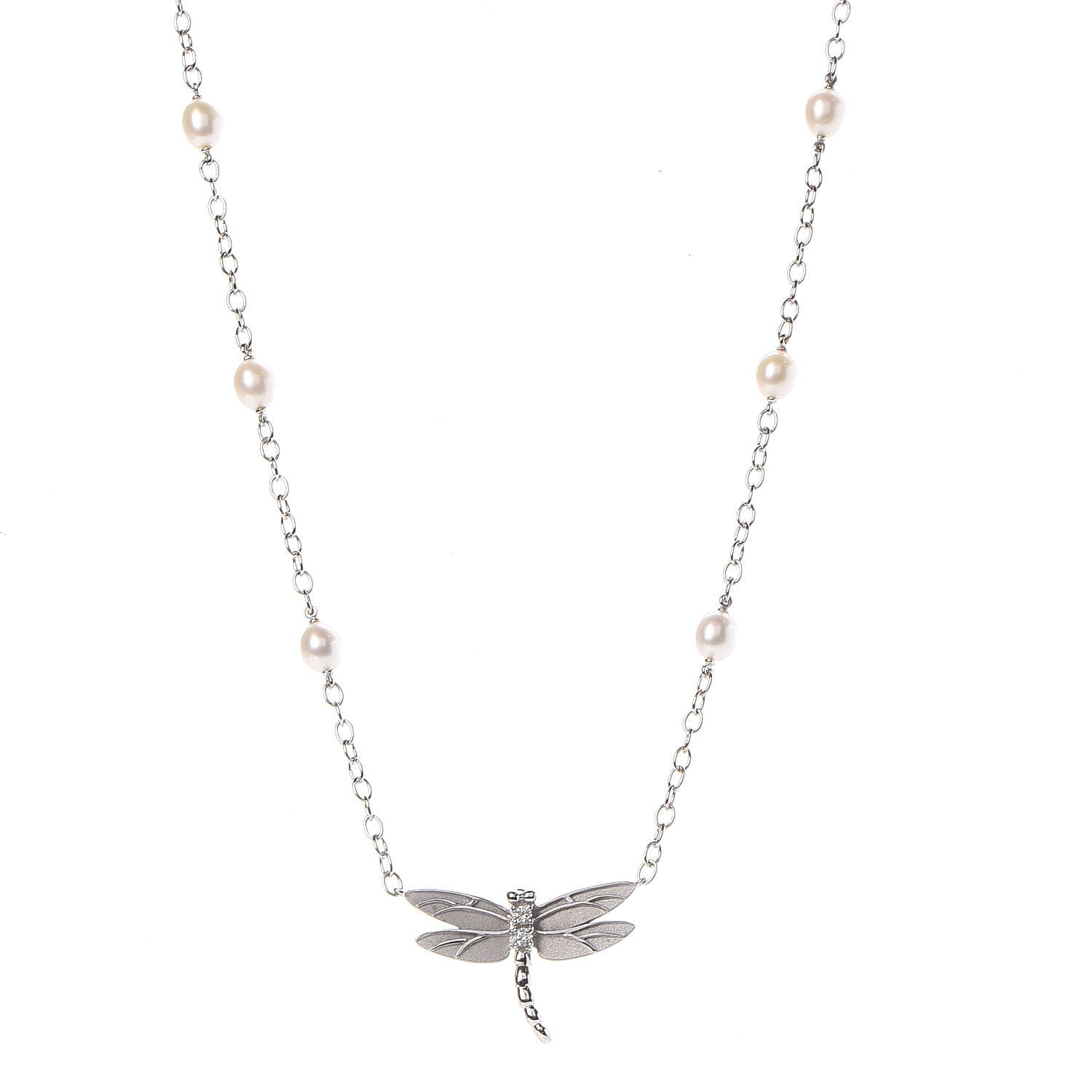 Tiffany 18K White Gold Diamond Pearl Dragonfly Station Necklace 1 of 7
