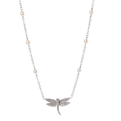 Tiffany 18K White Gold Diamond Pearl Dragonfly Station Necklace 1 of 7