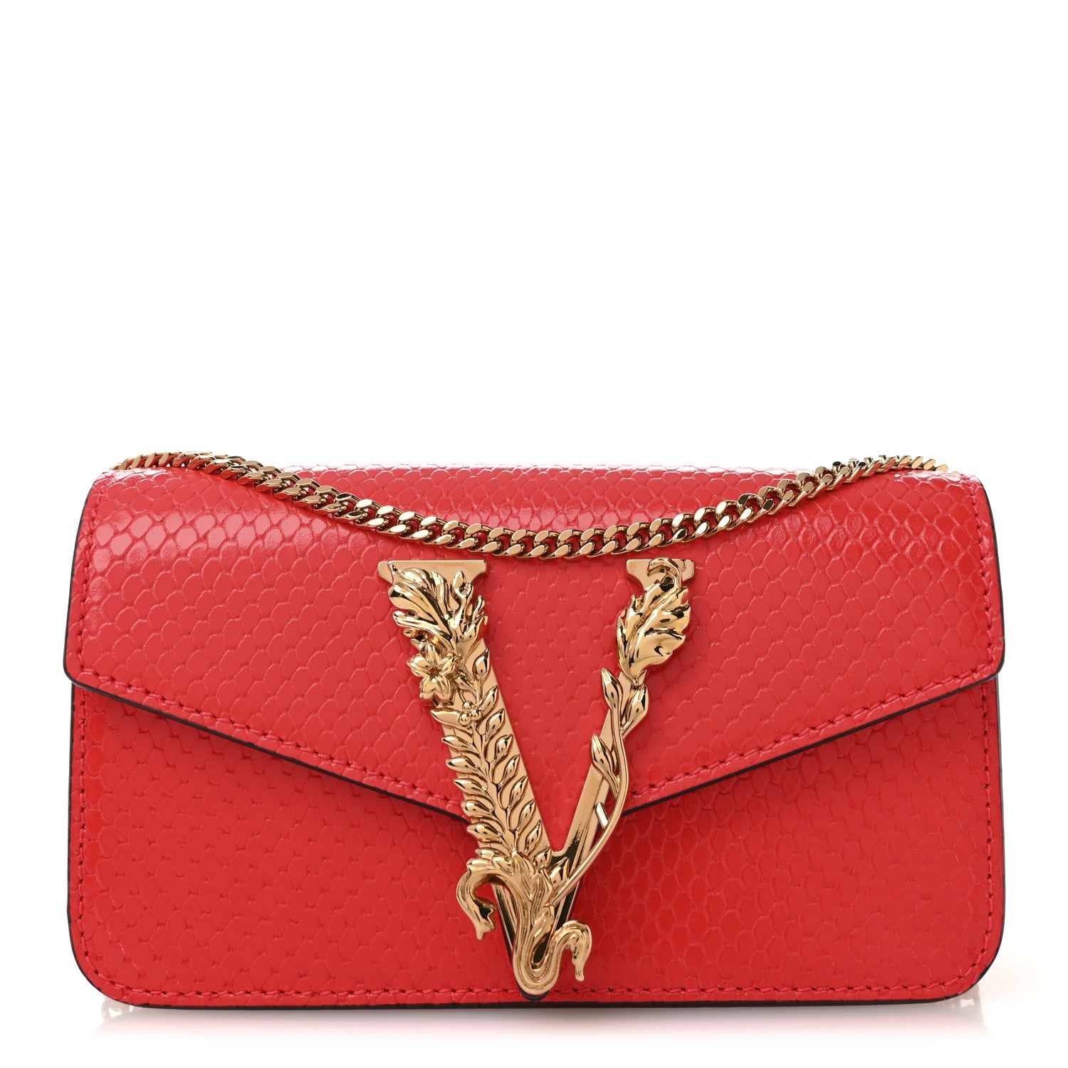Versace Calfskin Snakeskin Embossed Virtus Mini Chain Crossbody Red 1 of 9