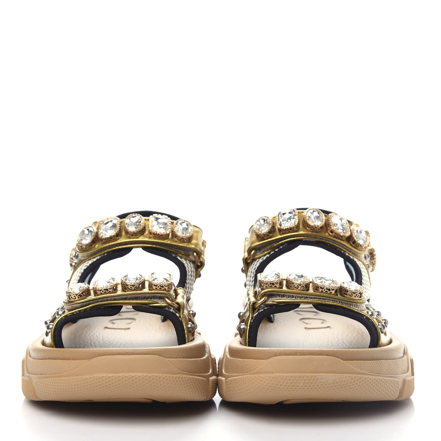 Gucci Silk Calfskin Mesh Crystal Embellished Studded Womens Aguru Sandals 39 Gold 2 of 11