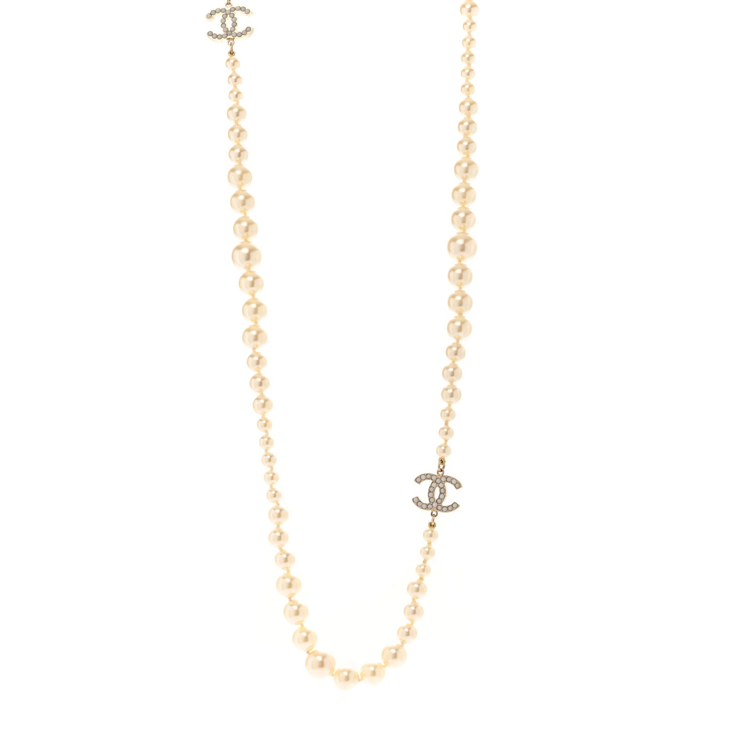 Graduated Pearl CC Long Necklace Light Gold