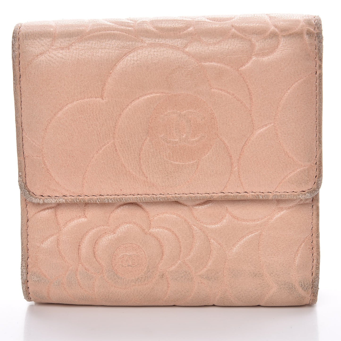 Lambskin Camellia Embossed Small Double Wallet Pink