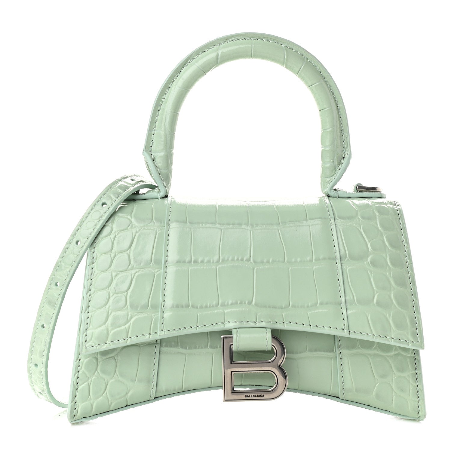 Balenciaga Shiny Calfskin Crocodile Embossed Hourglass Top Handle Bag XS Light Green 1 of 10