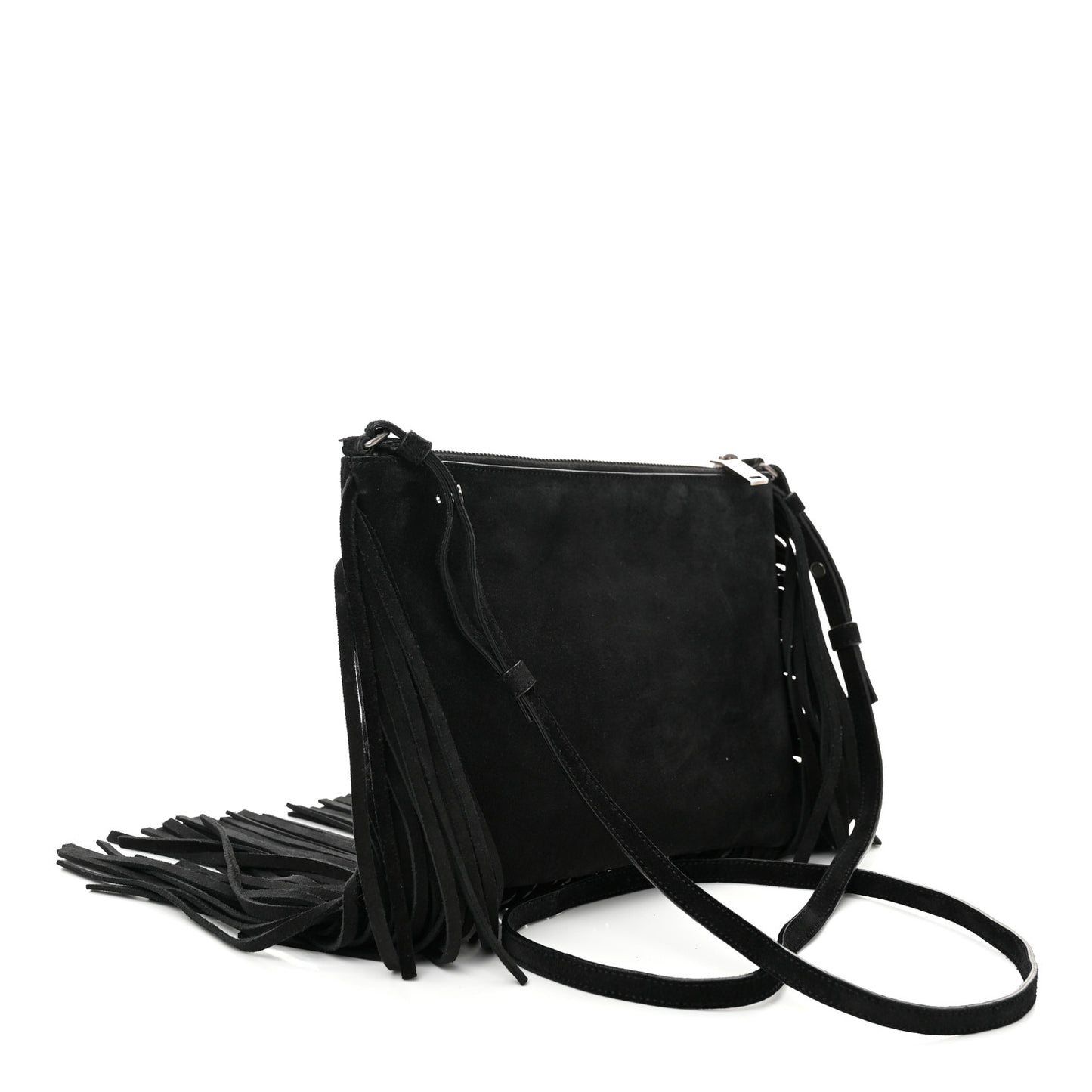 Suede Calfskin Small Fringe Crossbody Bag Black