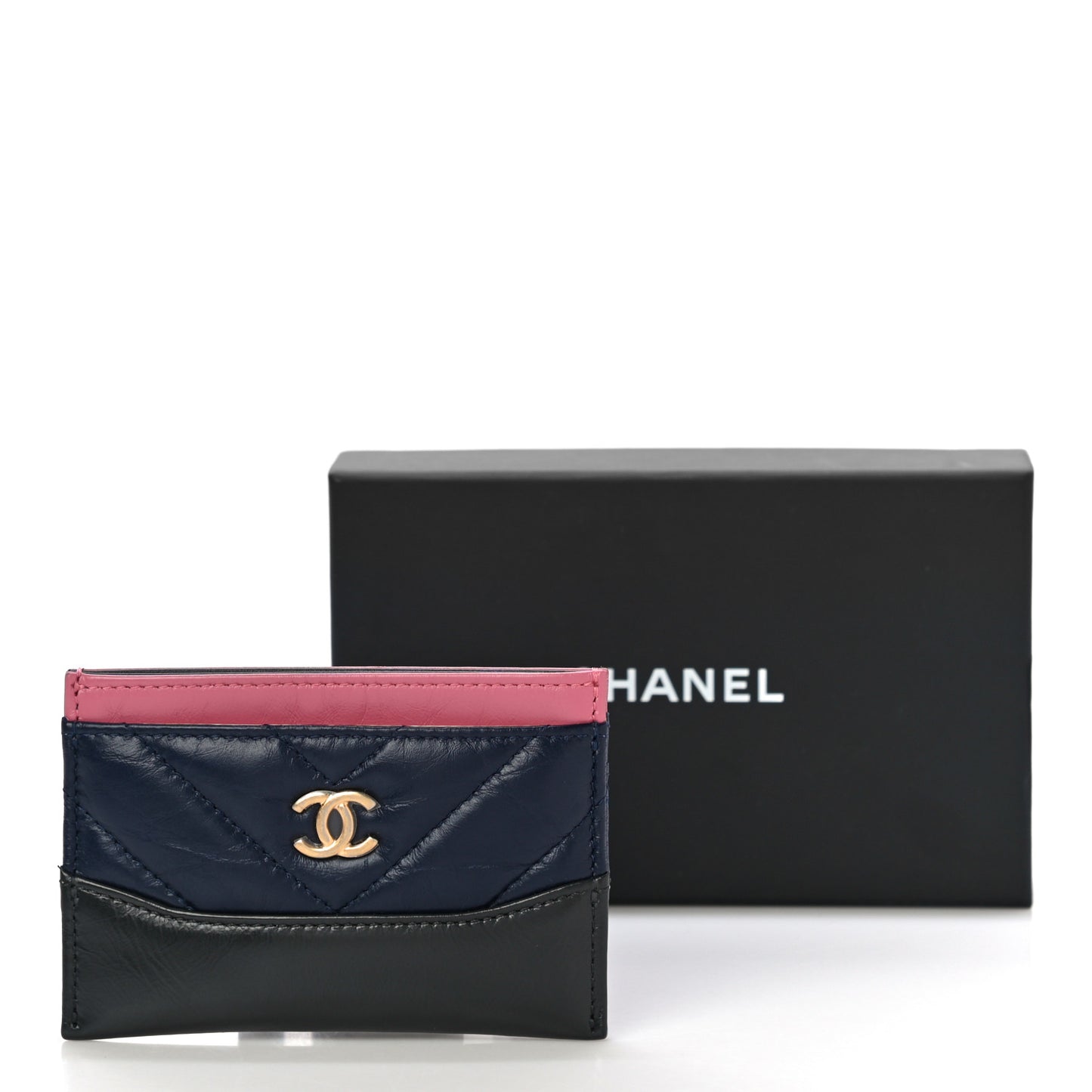 Aged Calfskin Chevron Quilted Gabrielle Card Holder Wallet Pink Navy Charcoal