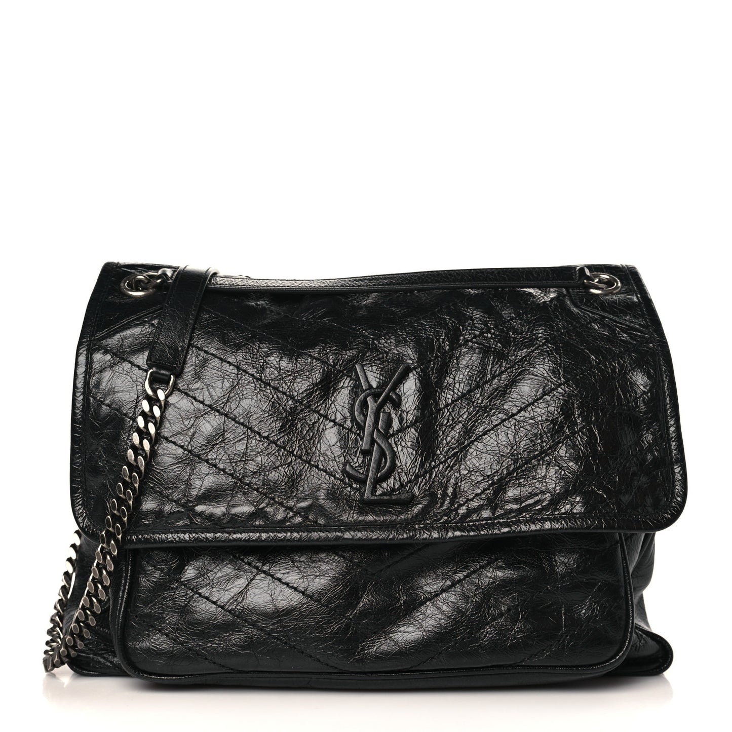 Crinkled Calfskin Matelasse Monogram Large Niki Chain Satchel Black