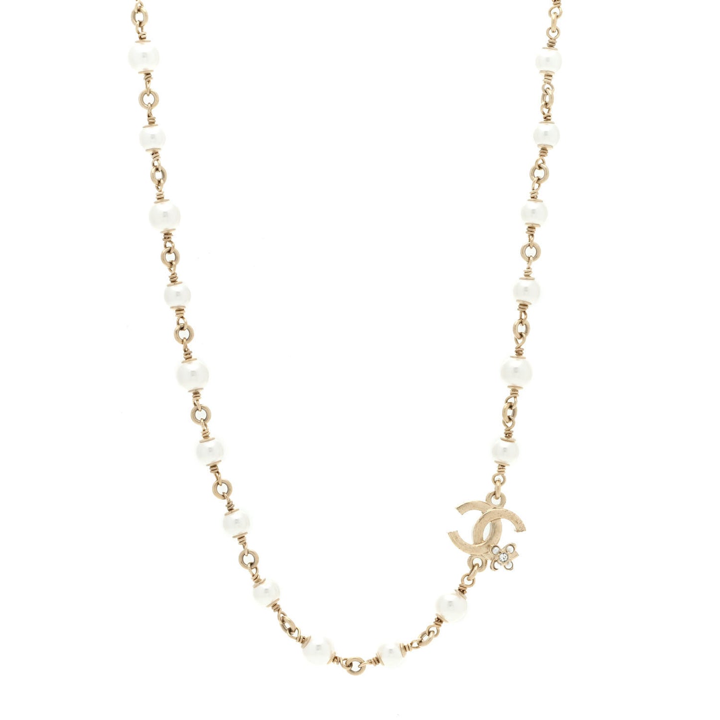 Pearl Crystal CC Flower Necklace Pearly White Light Gold