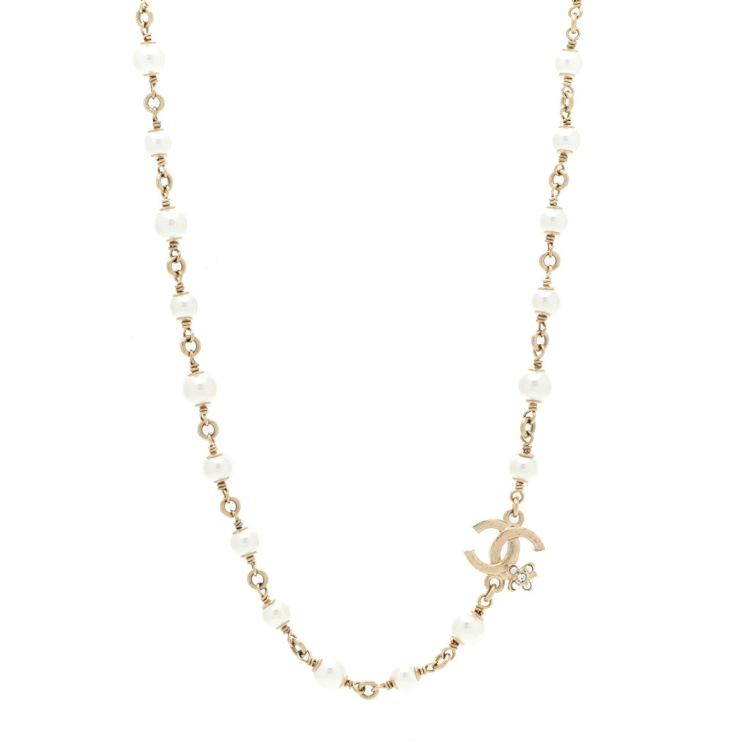 Chanel Pearl Crystal CC Flower Necklace Pearly White Light Gold 1 of 5