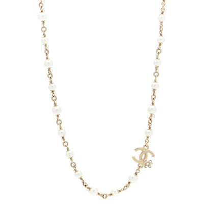 Chanel Pearl Crystal CC Flower Necklace Pearly White Light Gold 1 of 5