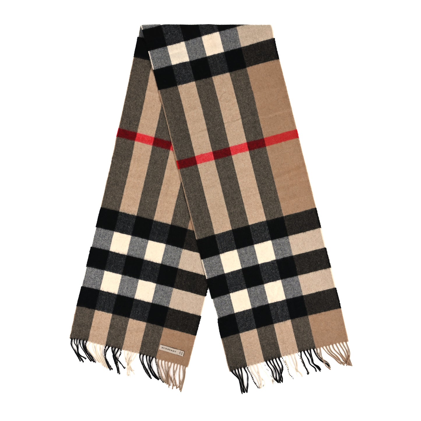 Cashmere Giant Check Fringe Scarf Camel