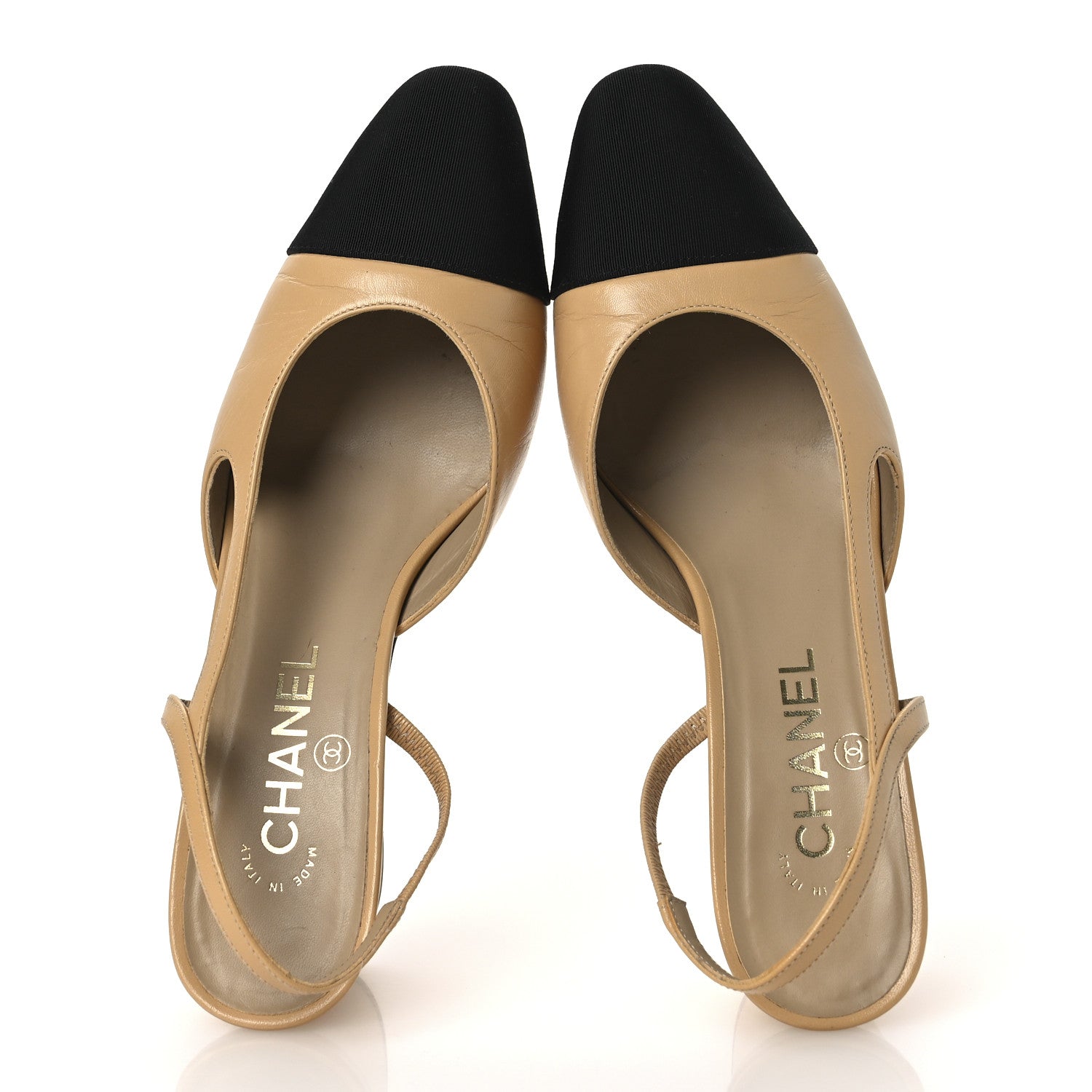Chanel Goatskin Grosgrain Cap Toe CC Slingback Pumps 38.5 Beige Black 2 of 14