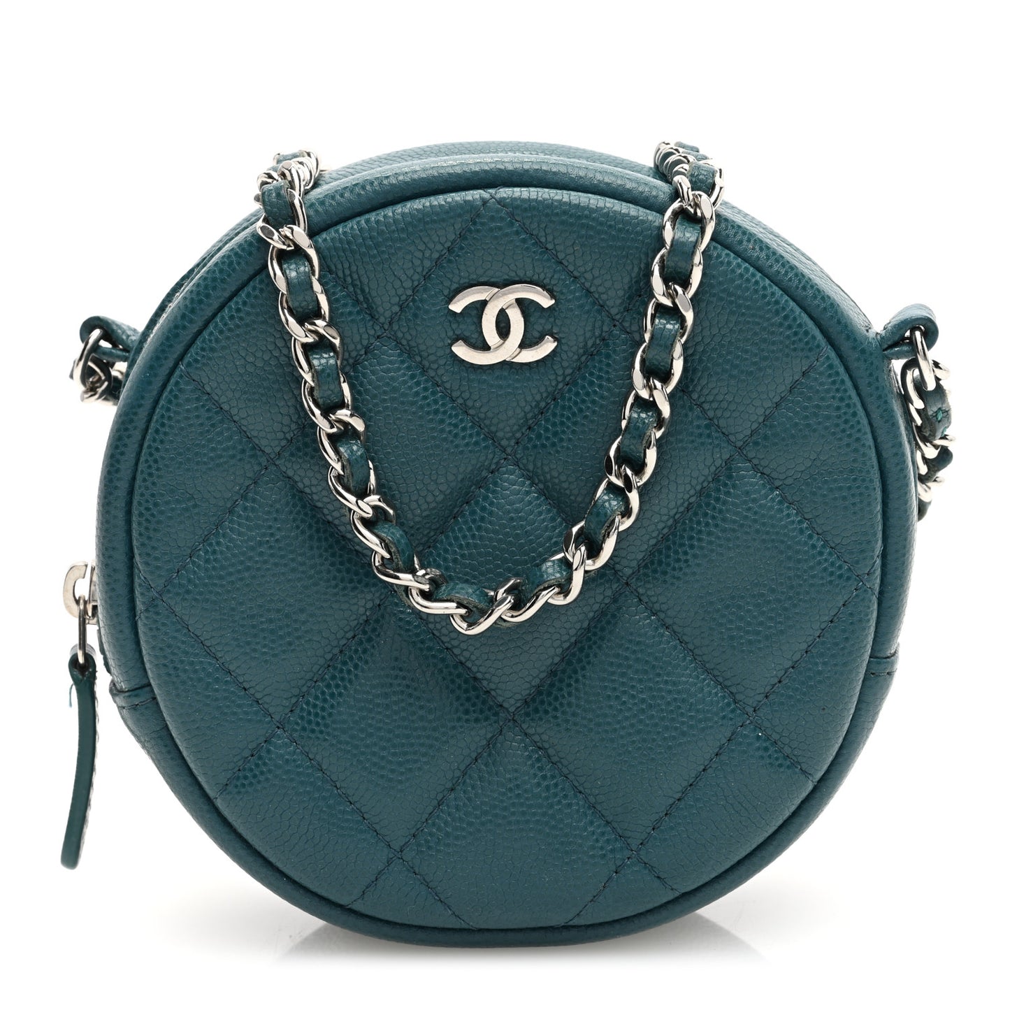 Caviar Quilted Round Clutch With Chain Green