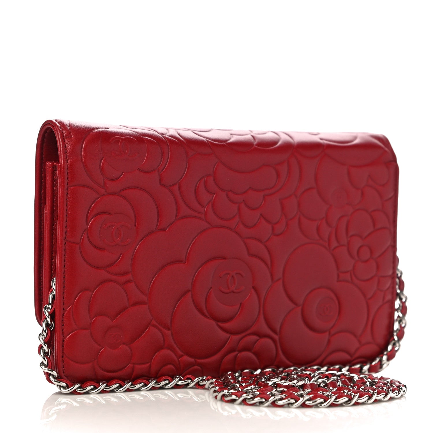 Chanel Lambskin Camellia Embossed Wallet On Chain WOC Red 3 of 12