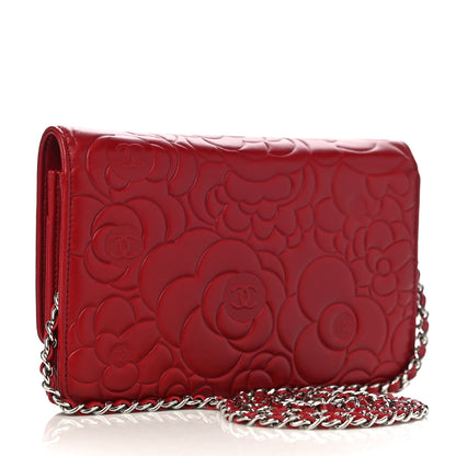 Chanel Lambskin Camellia Embossed Wallet On Chain WOC Red 3 of 12